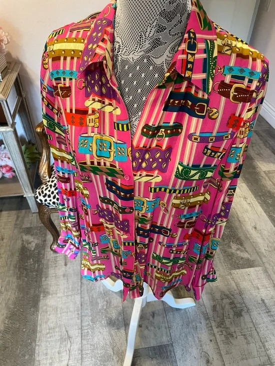 L'AGENCE Hot Pink Silk Belt-Print Blouse - Picture 2 of 7